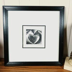 Framed Original Etching, 2 Horses & Heart in Black Frame